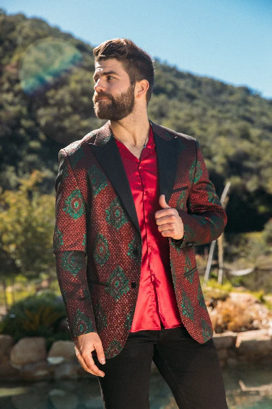Slim Fit Men's Double Button Burgundy Woven Printed Blazer