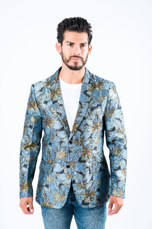 Sports And Leisure Men's Double Button Blue Flowers Print Blazer