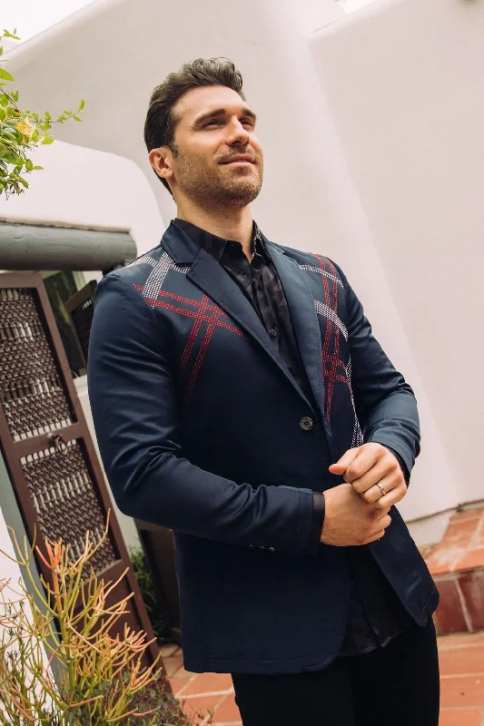 Party Wear Men's Double Button Rhinestone Navy Blazer