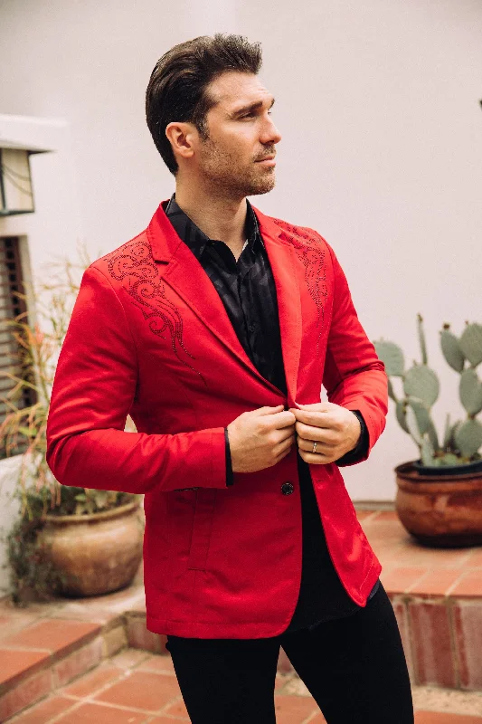 Warm Winter Series Men's Double Button Rhinestone Red Blazer