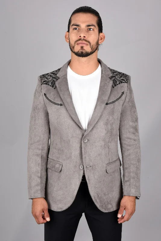 Knitted Design Men's Double Button Gray Faux-Suede Embroidery Blazer