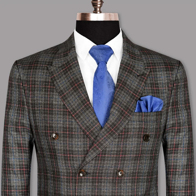 Retro Fashion Charcoal Windowpane Wool Rich Double Breasted Blazer