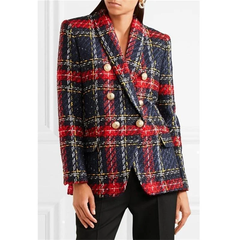 Trendy And Casual Plaid Tweed Blazer - Double-Breasted Blazer Women - Casual - Plaid