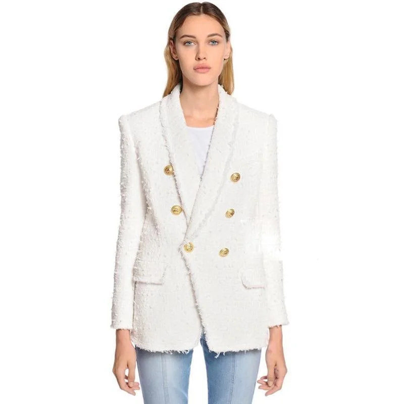 Fashion Wear Shawl Collar Tweed Blazer Women - Casual - Plain-Solid