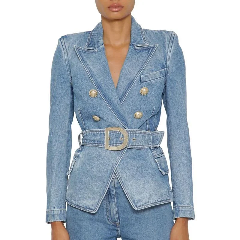 High-end Design Belted Denim Blazer Women - Casual - Plain-Solid