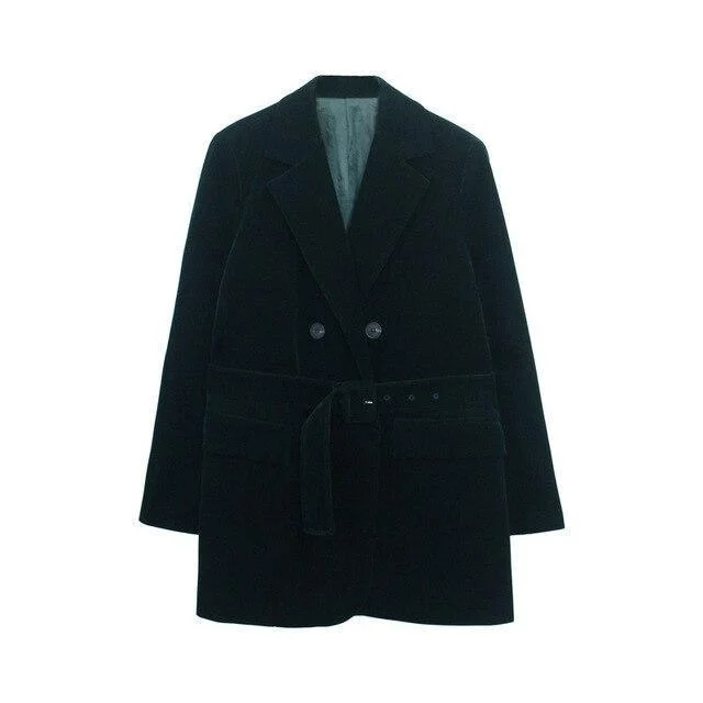 Luxury Classic Lustrous Velvet Belted Oversized Blazer Women - Casual - Plain-Solid