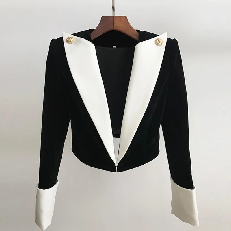 High-end Wear Patchwork Velvet Cropped Blazer Women - Party - Patchwork