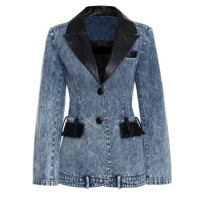 Modernism Streetwear Leather Collar Denim Blazer Women - Casual - Plain-Solid