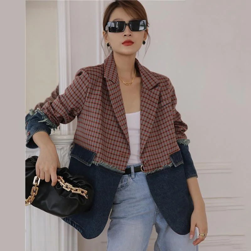 Exquisite Tailoring Plaid Denim Oversized Blazer Women - Casual - Patchwork