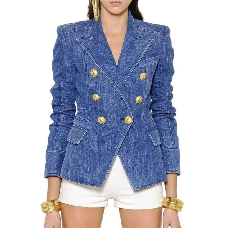 Casual Chic Lion Buttons Denim Blazer Women - Casual - Plain-Solid