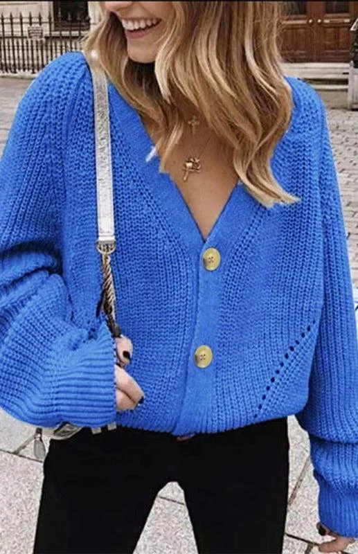 Noble Temperament Lantern Sleeve Button  Women Cardigan Sweater