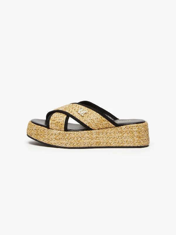 All-Day Style Sandali con Zeppa e Fascia Incrociata in Rafia Beige