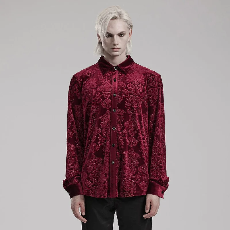 Relaxed Tops Men's Gothic Embossed Velvet Shirt Red