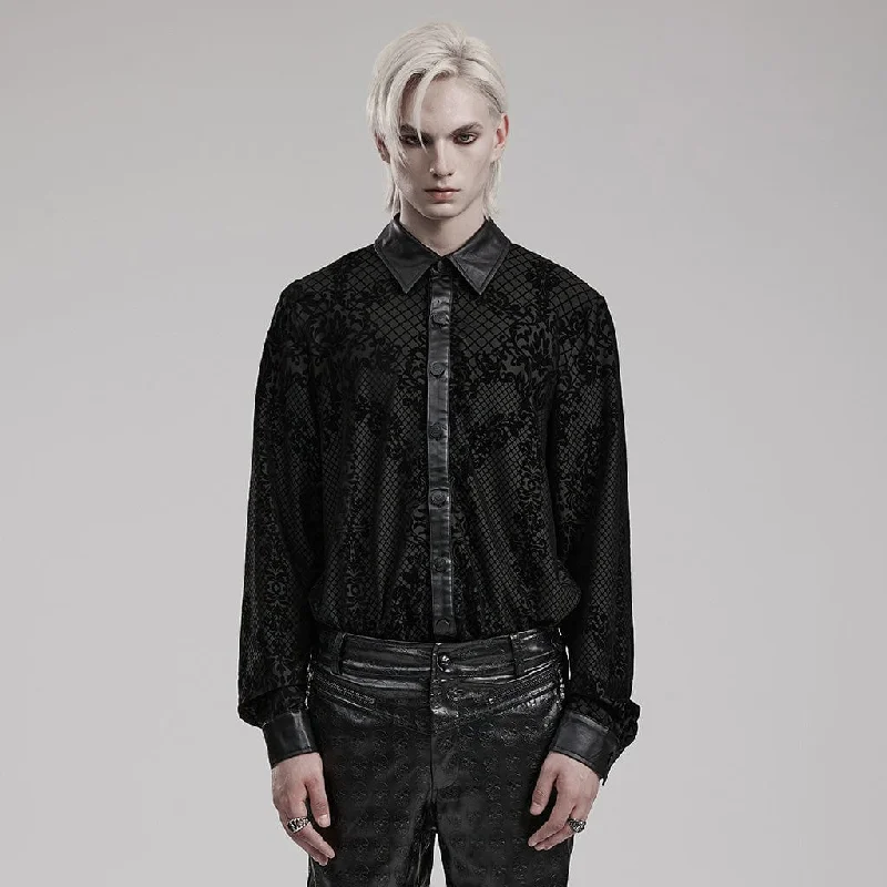 Weekend Comfort Men's Gothic Floral Printed Faux Leather Splice Shirt