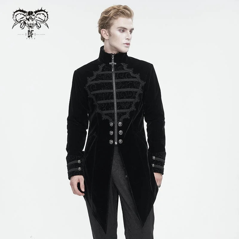 Soft Fabrics Men's Gothic Stand Collar Lace Splice Swallow-tailed Coat Black