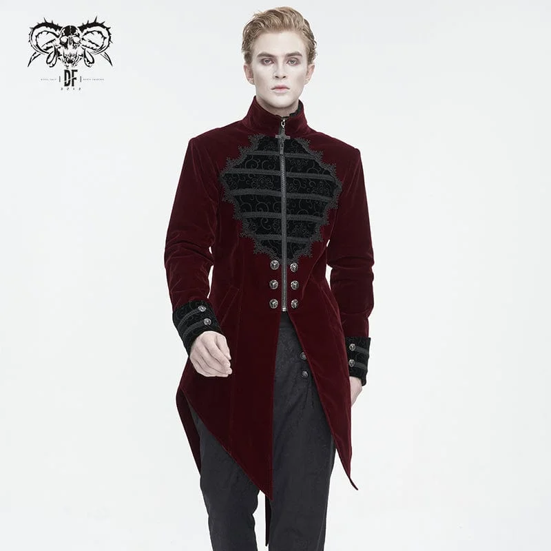 Comfy Chic Men's Gothic Stand Collar Lace Splice Swallow-tailed Coat Red