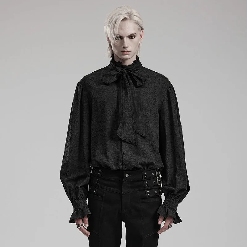 Stylish Casuals Men's Gothic Stand Collar Puff Sleeved Jacquard Shirt with Necktie