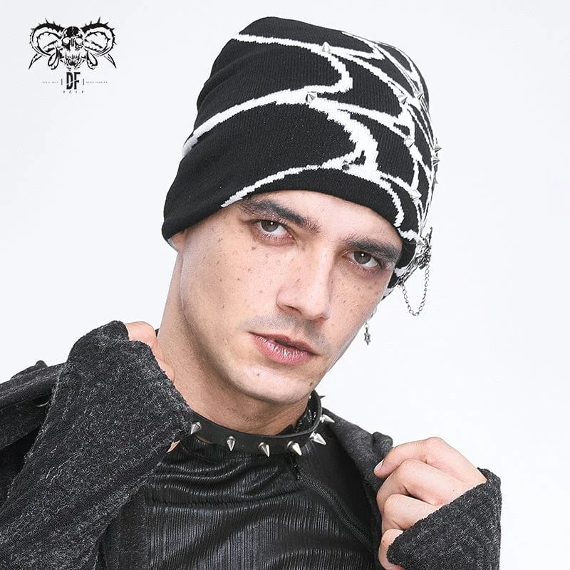 Cozy Pants Men's Punk Contrast Color Spider Web Knitted Beanie White