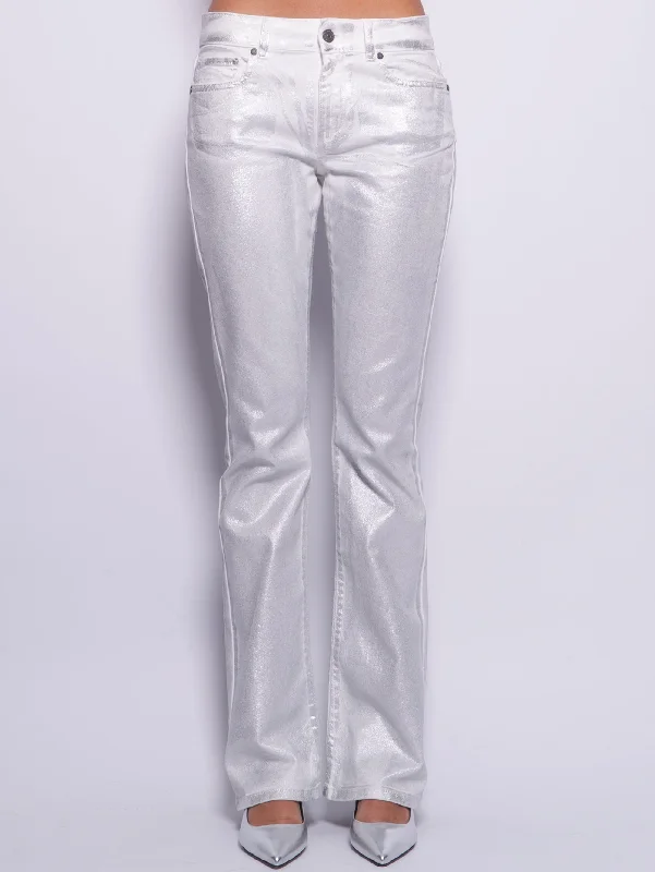 Exquisite Embroidery Jeans Spalmato Argento