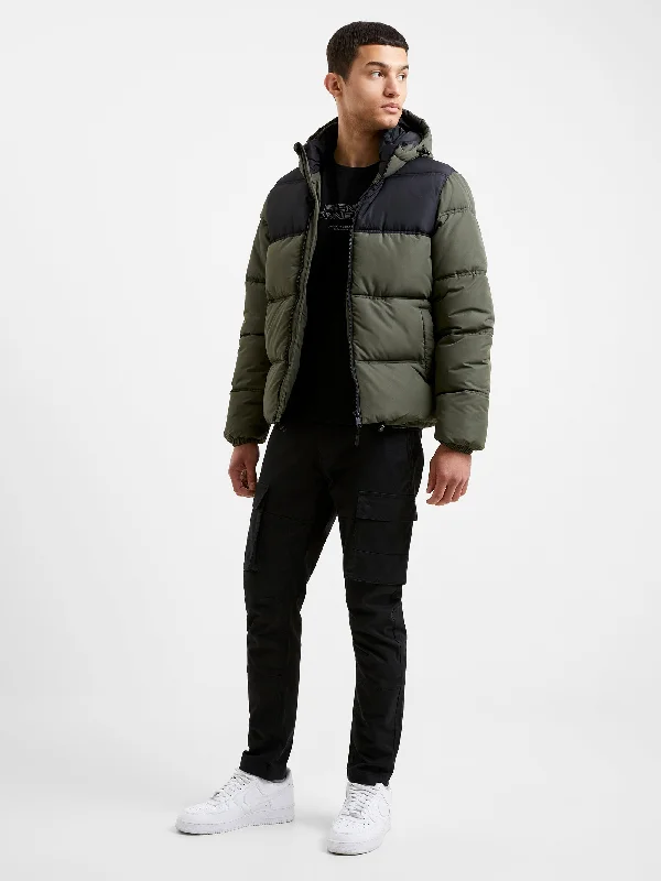 Soft Relaxation Wear Padded Panel Hooded Mid Length Coat