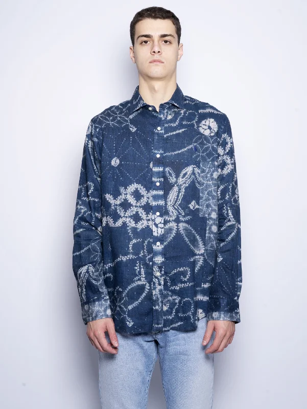Soft Fabric Looks Camicia in Lino Indigo e Stampa Etnica Blu