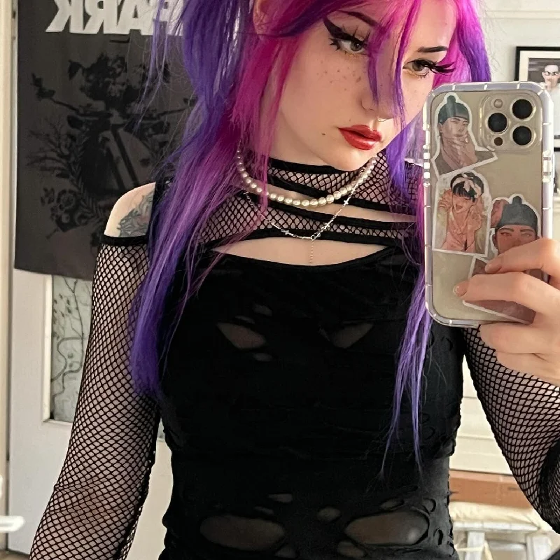 Soft Fashion Women's Gothic Cutout Mesh Splice Ripped Shirt
