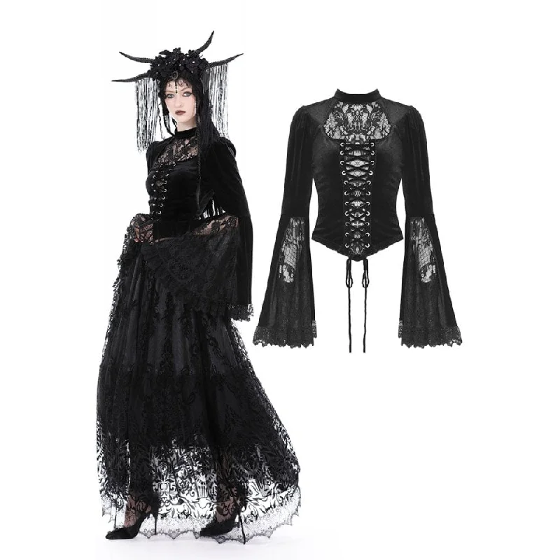 French Style Women's Gothic Flared Sleeved Lace Splice Velvet Shirt