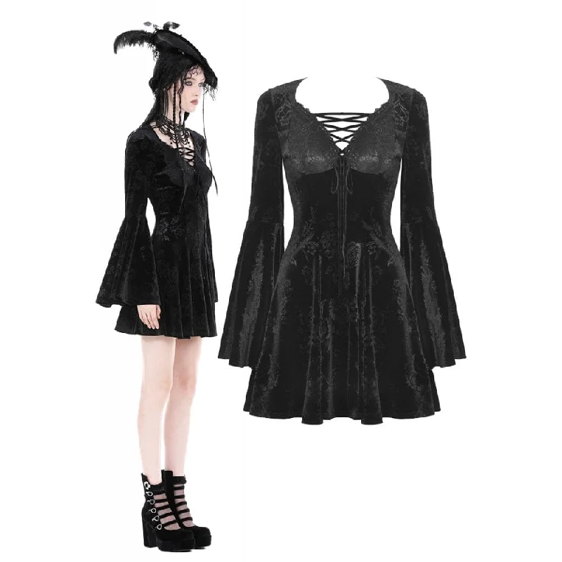 Stretch Design Women's Gothic Plunging Flared Sleeved Velvet Dress