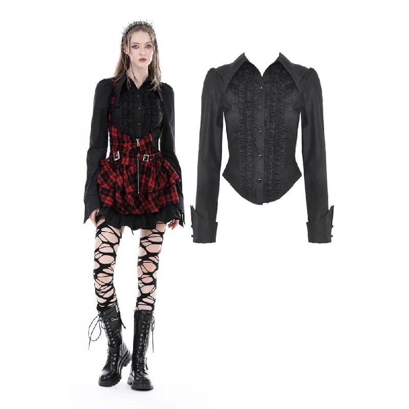 Lace Design Women's Gothic Turn-down Collar Ruffled Shirt Black