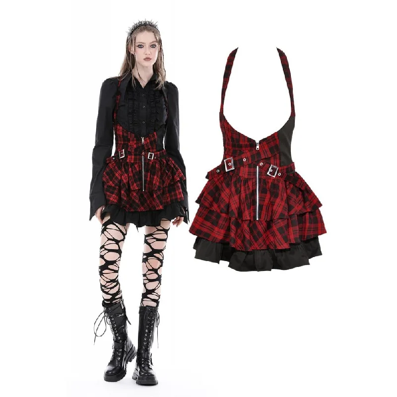 Warm Chic Outfits Women's Grunge Layered Plaid Suspender Skirt