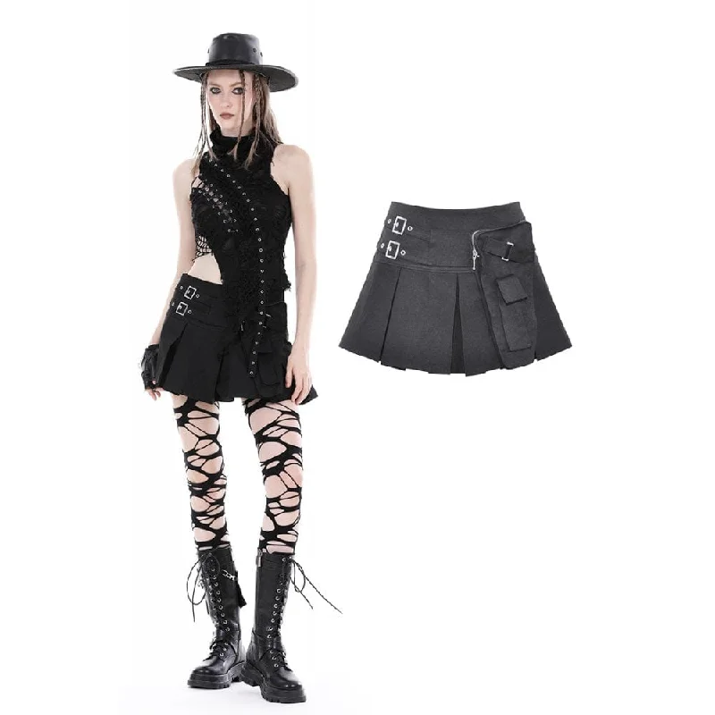 Thin Design Women's Punk Big-pocket Buckle Pleated Skirt