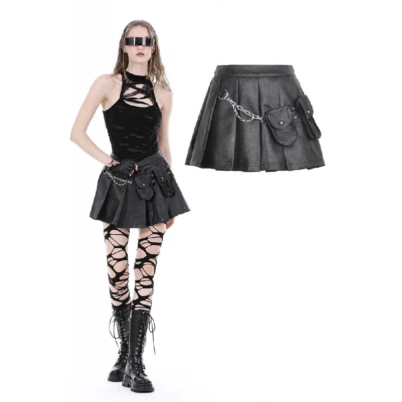 Elegant Tailoring Women's Punk Multi-pocket Faux Leather Pleated Skirt