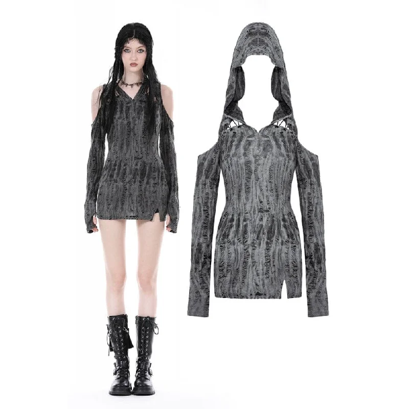 Economic Outlook Women's Punk Off Shoulder Ripped Dress with Hood