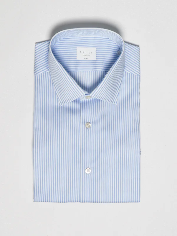 Simple Design Camicia in Cotone No Stiro a Righe Bianco/Celeste